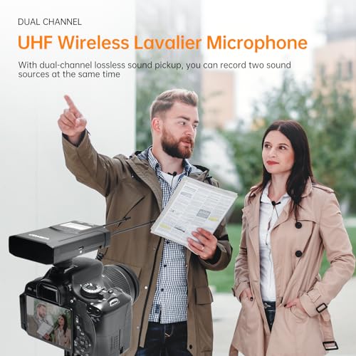 COMICA CVM-WM100PLUS UHF Wireless Lavalier Microphone for Camera Smartphone | 48 UHF Selectable Channel, Noise Cancellation, 160ft Stable Range, Dual Lapel Mic for YouTube TikTok Vlog Interview Stream