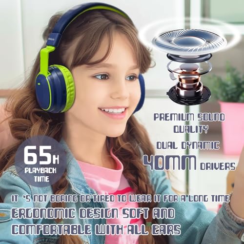 Mokata Kids Headphones Bluetooth 5.3 Wireless Lightweight Fast Charging 68 Hours Play Time Volume Limited 85/94dB Over Ear Foldable with Built-in Mic for Toddler Boy Tablet Pad Deepblue - color: DeepBlueSky