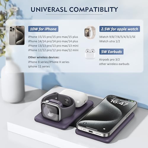 Wireless Charger iPhone - 3 in 1 Charging Station for Apple Devices for iPhone 17 16 15 14 13 12 Pro Max Plus - Foldable Magnetic Charging Pad for Apple Watch Series & Airpods Series - color: Purple