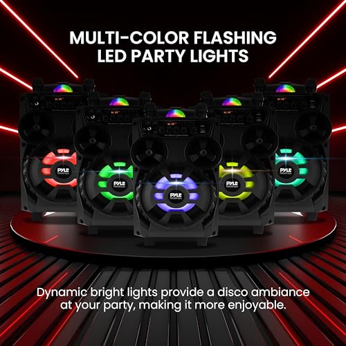 Pyle Portable Bluetooth PA Speaker - 580W 8” Rechargeable Outdoor BT Karaoke Audio System - TWS, Disco Party Lights, LED Display, FM/AUX/MP3/USB/SD, 6.5mm in, Trolley, Wheels - Wireless Mic, Remote