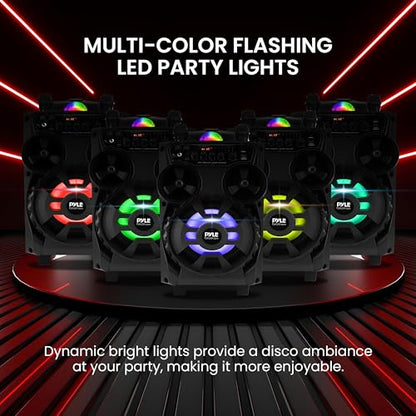 Pyle Portable Bluetooth PA Speaker - 580W 8” Rechargeable Outdoor BT Karaoke Audio System - TWS, Disco Party Lights, LED Display, FM/AUX/MP3/USB/SD, 6.5mm in, Trolley, Wheels - Wireless Mic, Remote
