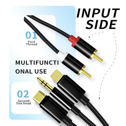 Lightning to RCA Cable Audio Aux Adapter,RCA to 3.5mm Cable，USB C to 2 RCA Audio Cable， (3 in 1 Audio Cable) for Power Amplifier, Car, Home Theater, Speaker and More(Lightning Compatible)(Black/1.3M)