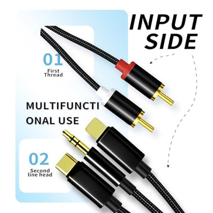 Lightning to RCA Cable Audio Aux Adapter,RCA to 3.5mm Cable，USB C to 2 RCA Audio Cable， (3 in 1 Audio Cable) for Power Amplifier, Car, Home Theater, Speaker and More(Lightning Compatible)(Black/1.3M)