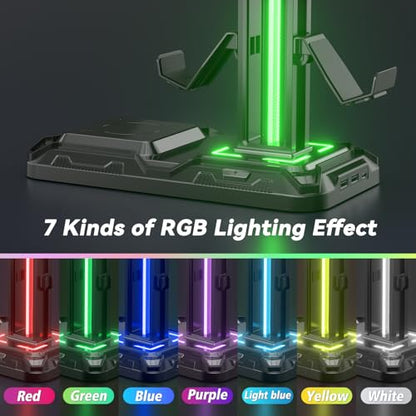 KDD RGB Headphone Controller Stand with Wireless Charging & Desk Aluminum Headphone Stand for Universal Storage