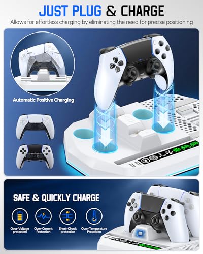 Cooling Station with Controller Charger for PS5/Slim/Pro, PlayStation 5 Vertical Stand for Disc & Digital Console, Dual PS 5 Controller Charging Station with 3 Level Cooling Fan, PlayStation 3 Games - color: All White