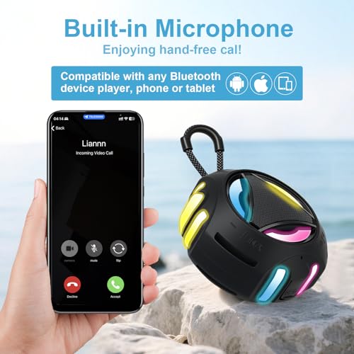Bluetooth Shower Speaker Waterproof, Portable Bluetooth Speakers Wireless, Outdoor, Floating IPX7, Built-in Mic, 24H Playtime with LED Lights, Loud HD Sound, Powerful Bass, Gifts for Unisex - Black - color: Black