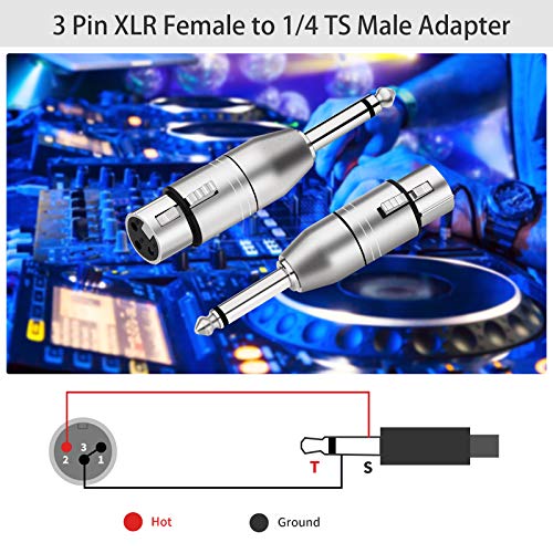 Tisino XLR Female to 1/4 Inch TS Mono Unbalanced XLR Adapter, 2 Pack | Unbalanced Female XLR to 1/4 inch Mono Jack Adapter for Mic, Mixer, Speaker, Amp, Microphone Adapter - color: XLRF to 1/4" TS