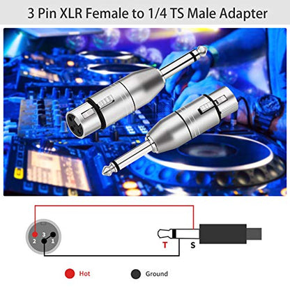 Tisino XLR Female to 1/4 Inch TS Mono Unbalanced XLR Adapter, 2 Pack | Unbalanced Female XLR to 1/4 inch Mono Jack Adapter for Mic, Mixer, Speaker, Amp, Microphone Adapter - color: XLRF to 1/4" TS