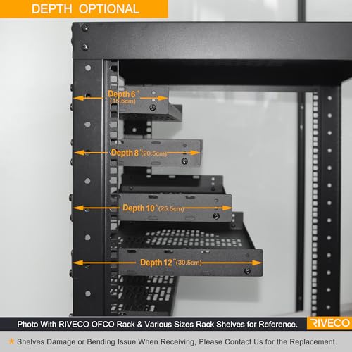 RIVECO 2-Pack 6" 1U Vented Rack Shelf for 19" Server IT Sound Cabinets | lips up or lips down design sturdy alloy steel detachable mounting ears to prevent damage - size: 6"