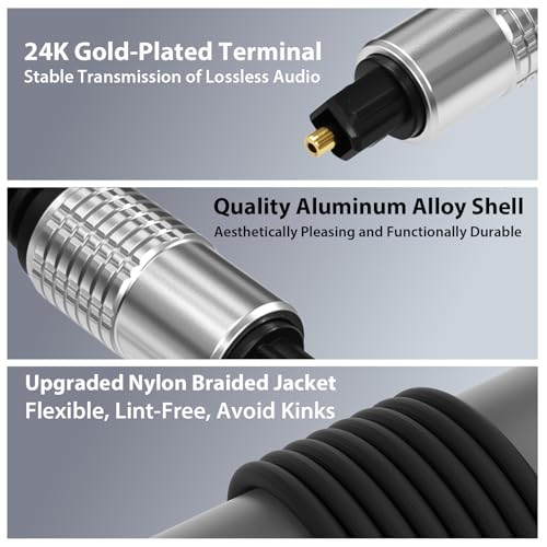 Cyberguys! Optical Audio Cable, Digital Optical Cable with Toslink, 3.3ft | Braided Digital Audio Cables for Soundbar, TV, Receiver, Speaker, Xbox, PS5, Blu-Ray – Gold-Plated - size: 3.3ft