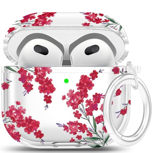 Clear Case Compatible with Airpods 3 Case Cover, Wonjury Protective Floral Case Cover with Keychain Compatible with Airpods 3 Generation (2021 Released), Front LED Visible,Red Flower - color: Clear Flower Red