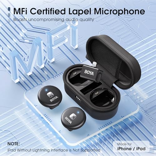 BOYA Wireless Lavalier Microphone for iPhone 14/13/12, Noise Cancellation, 15H Battery, 164FT Mini Lapel Mic Wireless with Lightning for Video Recording, YouTube, Vlog, Streaming Omic-D-B