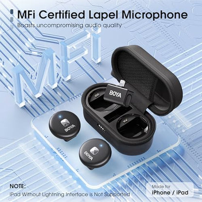 BOYA Wireless Lavalier Microphone for iPhone 14/13/12, Noise Cancellation, 15H Battery, 164FT Mini Lapel Mic Wireless with Lightning for Video Recording, YouTube, Vlog, Streaming Omic-D-B