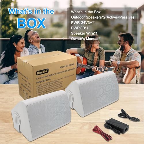 Herdio 6.5 Inches Outdoor Bluetooth Speakers Waterproof with Powerful Bass,Wall Mount Speakers Wired Weather Resistant for Patio Home Deck Porch Backyard 400 Watts(White) - color: White