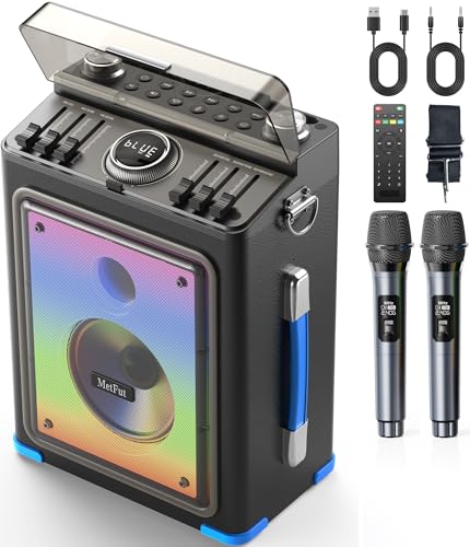 Professional Karaoke Machine for Adults with 2 Wireless Microphones | Karaoke Bluetooth 5.3 Speaker Portable Wooden Karaoke PA System with Bass/Treble Adjustable for Backyard, Home Party (BLUE)