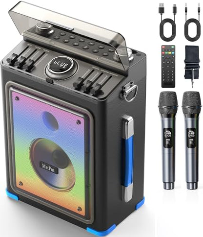 Professional Karaoke Machine for Adults with 2 Wireless Microphones | Karaoke Bluetooth 5.3 Speaker Portable Wooden Karaoke PA System with Bass/Treble Adjustable for Backyard, Home Party (BLUE)