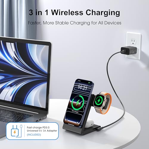 New Travel Foldable 3 in 1 Wireless Charging Station for Apple Magsafe Charger Stand,Fast Magnetic Wireless Charger Station for iPhone 17 Air 16 15 14 13 12 Series,Airpods Pro,Apple Watch Ultra-Black - color: Black