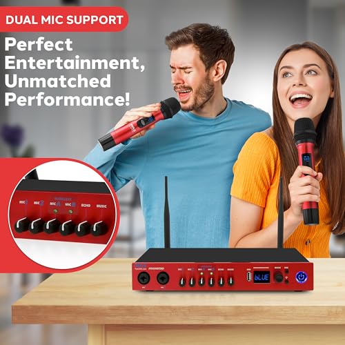 Pyle UHF Wireless Microphone System, Bluetooth, Handheld Mics, Receiver Base, Selectable Frequency, Karaoke, Professional Use, Battery Operated, 165 ft Range, Echo Control, Includes Cables - color: Red