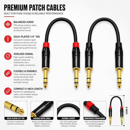 Professional Balanced TRS Patch Cable 1/4 Inch 6 Inch 2-Pack, 20AWG OFC Copper 24K Gold Plated Hand-Soldered, Studio Monitor Audio Interface Pedalboard Guitar Mixer