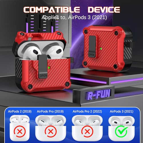 for AirPods 3 Case Cover with Lock Magnetic Lid, Red | Compatible with Apple AirPods 3rd Generation (2019) Case with Cleaner Kit & Carabiner, Powerful Drop Protection - color: B Red, size: Airpods 3rd Generation
