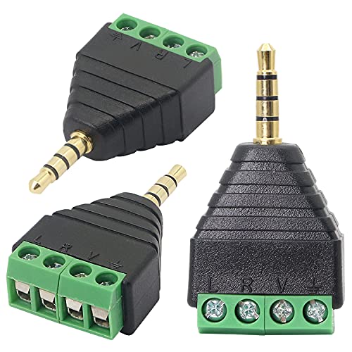 GELRHONR 3.5mm 4 Screw Terminal Adapter, 1/8 Inch 4 Pole Stereo TRRS Audio Plug Solderless Converter for Headphone Headset and Earphone（3-Pack）