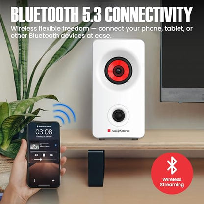 Audiosource Desktop PC Speakers with Bluetooth 5.3, USB-C Plug & Play, 2.0 Stereo Computer Speakers with Dual 2" Drivers, Compact Design, AUX Input, LED Indicator (White) - color: White