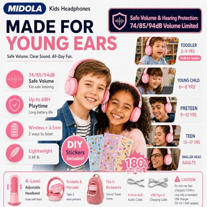 Kids Bluetooth Headphones Wireless 68 Hours,Safe Volume Limit 85/94dB Pink | Adjustable Headband Foldable Over-Ear Lightweight Headsets for Toddler Girls Boys Tablet/iPad,HD Stereo,Built-in Mic - color: Pink