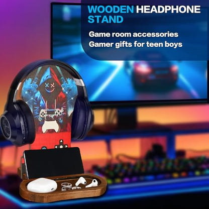 Gamer Gifts for Men Game Stuff Gaming Room Equipment Wooden Headset Stand | Gamer Gifts for Teenage Boy, Son, Boyfriend, Husband, Gamer Room Decor for Man, Teen Boy Gaming Accessories