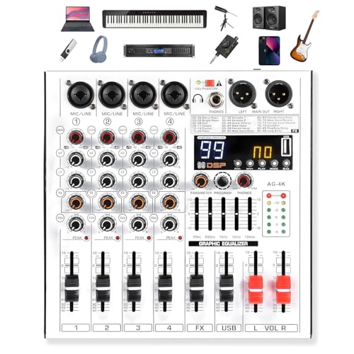 Professional 4-Channel DJ Audio Mixer with Bluetooth, 5-Band EQ, 99 DSP Effects, USB Audio Interface, +48V Phantom Power for Live Streaming, Podcasting, Karaoke, Home Studio Recording