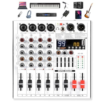 Professional 4-Channel DJ Audio Mixer with Bluetooth, 5-Band EQ, 99 DSP Effects, USB Audio Interface, +48V Phantom Power for Live Streaming, Podcasting, Karaoke, Home Studio Recording