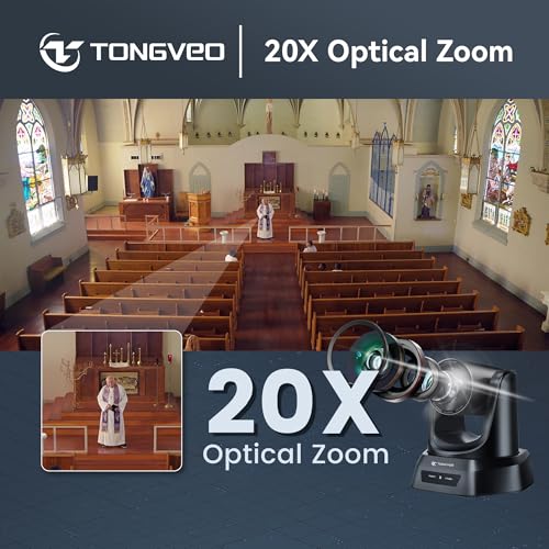 TONGVEO Wireless AI PTZ 20X Zoom Camera with Auto-Tracking: Built-in 5.8GHz Receiver for Cable-Free Setup, 1080P 60fps Conference Camera for Church Services, Online Classes & Hybrid Meetings - color: Gloss