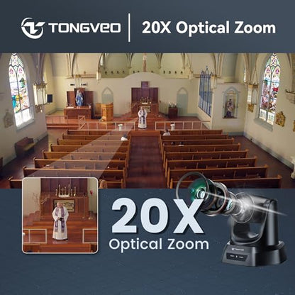 TONGVEO Wireless AI PTZ 20X Zoom Camera with Auto-Tracking: Built-in 5.8GHz Receiver for Cable-Free Setup, 1080P 60fps Conference Camera for Church Services, Online Classes & Hybrid Meetings - color: Gloss