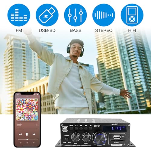 Bluetooth 5.0 Audio Amplifier 400W+400W 2.0 CH AMP HiFi Stereo Treble Bass Audio Receiver for Passive Speakers Theater System AK-380