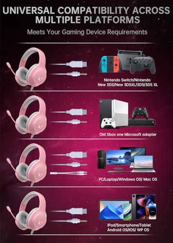 syndesmos CM7002 Gaming Headset for PS5, PS4, PC, Mac, Switch, Xbox Series, Surround Sound RGB Gaming Headphones with Noise Canceling Microphone, 50MM Dynamic Drivers, 3.5MM Audio Jack, Light Pink - color: Light Pink