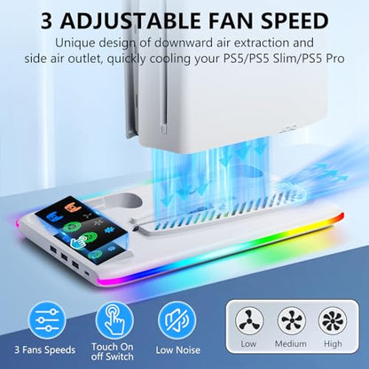 BRHE PS5/Slim/Pro Cooling & Charging Station,PS5/ Slim/Pro Stand for Disc & Digital Console,PlayStation 5 Controller Charger,PS5/Slim/Pro Accessories with 3 Charging Ports,Headset Holder (White) - color: Pro White