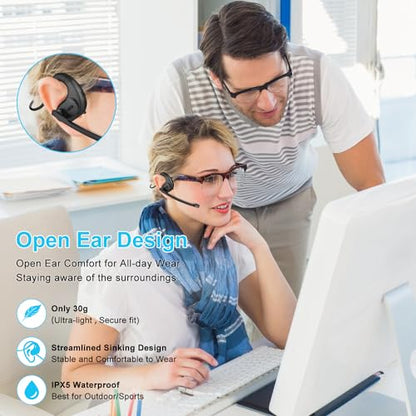 iDIGMALL Bluetooth Headset, Open Ear Headphones with Detachable Microphone | Multi-Point Wireless Headset with DSP Noise Canceling Mic for Phone PC Laptop Office Meeting Home Work, Comfort & Light, 12H