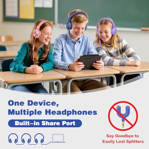 SIMOLIO 2 Pack Wired Headphones with Share Port, Foldable Headset with MIC | Manyshare Series, Durable for Teen Girls Boys, Over Ear Headset w/ Volume Limited for Tablet PC Chromebook School Travel Gift - color: Pink & Deep Blue 3.5mm