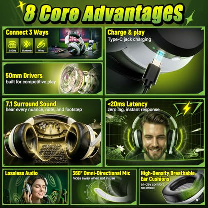 Wireless Gaming Headset for PS5 PC | 2.4GHz+BT - Play While Charging