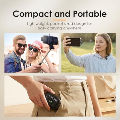SONICAKE Wireless Mini Microphone for iPhone & Android，Mini Lavalier Microphone - Noise Reduction Lapel Mic,Clip-on Mini Mic with USB-C for Video Recording YouTube TikTok Podcast Content Creators