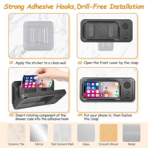 Shower Phone Holder with Wireless Bluetooth Speaker , 480° Rotation Retractable Adjustable Shower Case for iphone ,Bathroom Wall Phone Mount Stand WaterProof Anti Fog,Compatible with All 4-7"Cellphone
