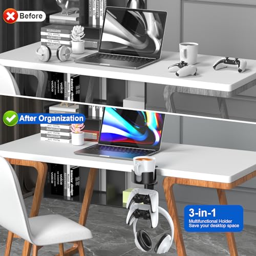 Desk Controller Headphones Holder for Xbox/PS4/PS5, 3-in-1 Desk Cup Holder with 360° Rotating Adjustable Headset Hanger Controller Stand Clamp On Desk Organizer Gaming Accessories for Desk