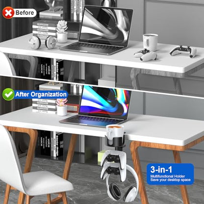 Desk Controller Headphones Holder for Xbox/PS4/PS5, 3-in-1 Desk Cup Holder with 360° Rotating Adjustable Headset Hanger Controller Stand Clamp On Desk Organizer Gaming Accessories for Desk