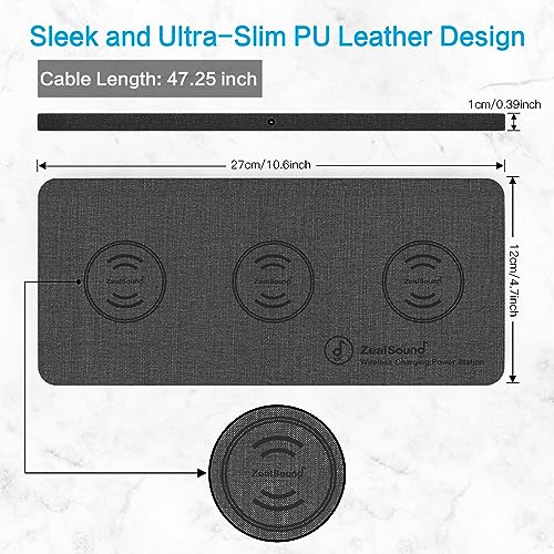 ZealSound Wireless Charging Pad, 3 in 1 Charger Mat for iPhone, Samsung Galaxy, Pixel, AirPods & Galaxy Buds, 24W Adapter Included, Ultra Slim, Case Friendly, PU Leather, Home Office & Travel, Gray - color: Gray