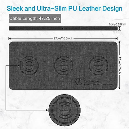 ZealSound Wireless Charging Pad, 3 in 1 Charger Mat for iPhone, Samsung Galaxy, Pixel, AirPods & Galaxy Buds, 24W Adapter Included, Ultra Slim, Case Friendly, PU Leather, Home Office & Travel, Gray - color: Gray