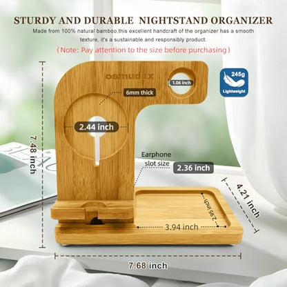 4 in 1 Bamboo Nightstand Organizer, Wood Phone Docking Station, Phone Charger Stand for iPhone 12-18 Series & Android, Desktop Organizer for iWatch & Airpods, Gifts for Men, Dad, Anniversary