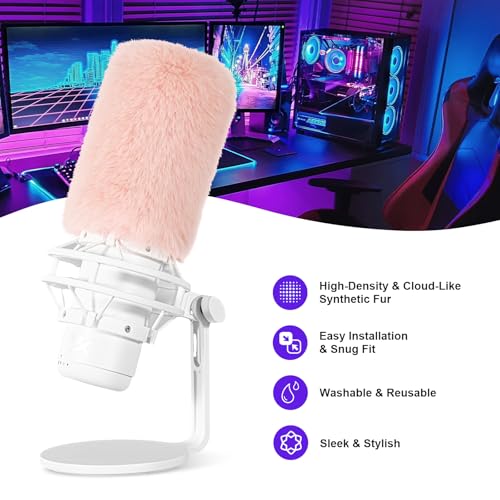 Windscreen/Pop-Filter for Hyperx QuadCast S Microphones -Foam Mic Cover for Filtering Wind Noise, Plosives and Hissing Noise (Furry-Pink)