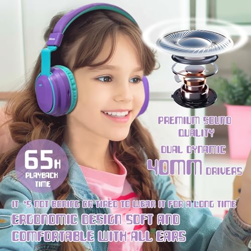 Mokata Kids Headphones Bluetooth 5.3 Wireless Lightweight Fast Charging 68 Hours Play Time Volume Limited 85/94dB Over Ear Foldable with Built-in Mic for Toddler Boy Girl Tablet Pad Purple - color: Purple