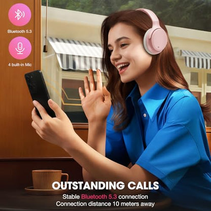 INFURTURE H1 Plus Doubly Fed Hybrid Active Noise Cancelling Headphones with EQ Mode，Wireless Over Ear Bluetooth Headphones with 4 Microphone, 90H Playtime,Lightweight for Home Travel Office(Pink) - color: Pink