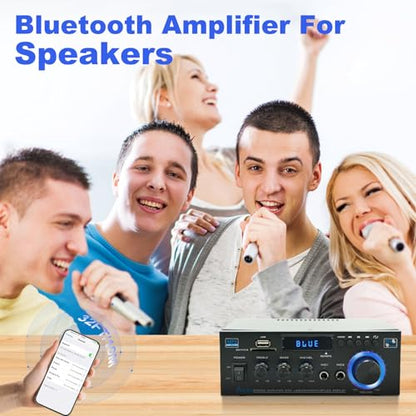 AK45 Stereo Home Audio Amplifier, 5.0 Mini Bluetooth Receiver, 300W *2 Blutooth HiFi Stereo Power Amplifier 2.0 Channel RMS 40W x 2 Home Stereo System with Remote Control Amp W/MIC,USB, RCA,FM Radio