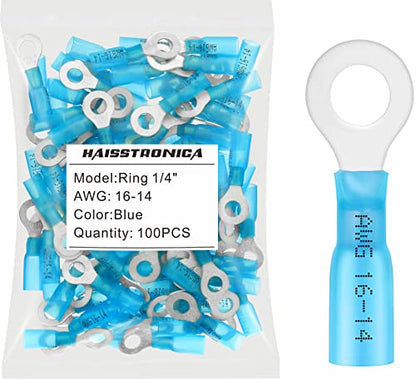 haisstronica 100PCS Heat Shrink Ring Terminals, 16-14 AWG, 1/4 in, Blue | Battery and Ground Stud Connections, 0.7 mm Copper Barrel, 3:1 Adhesive-Lined Seal, Automotive Wiring Repairs, Ring Connector - color: Blue, size: Ring 1/4"
